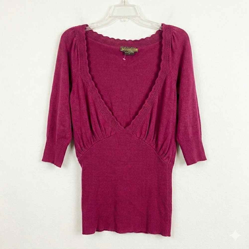 David Bitton Scalloped Deep V-Neck Sweater - Berry Pink - Angora Blend - Size L